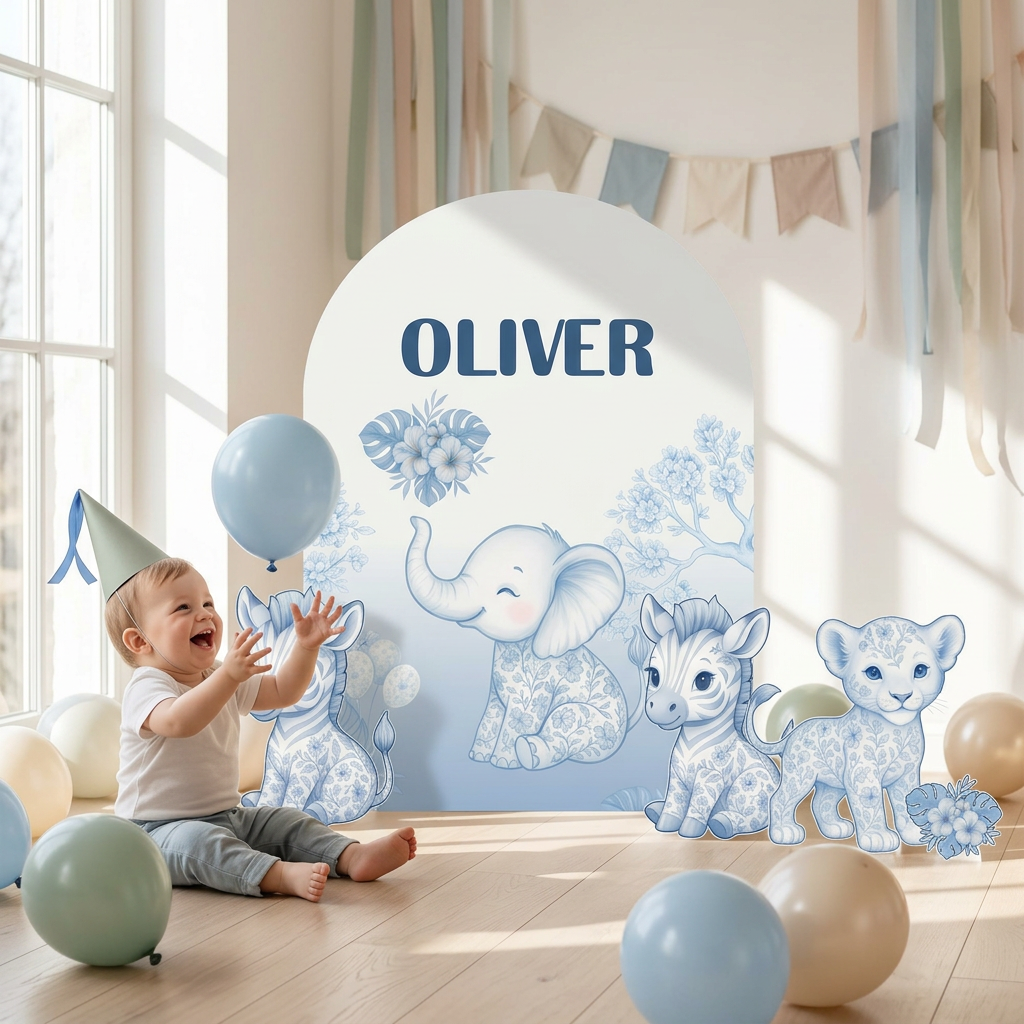 Blue Floral Safari Birthday Backdrop Set - display 6