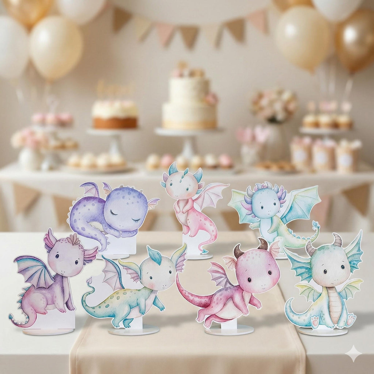 Pastel Baby Dragons Double-Sided Table Centerpieces Set 7, Baby Shower, Nursery Decor, Table Decor, Birthday Decorations