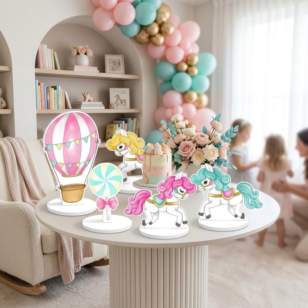 Carnival Double-Sided Table Centerpieces Set 5, Hot Air Balloon, First Birthday, Circus Baby Shower, Nursery Decor, Table Decor, Carousel