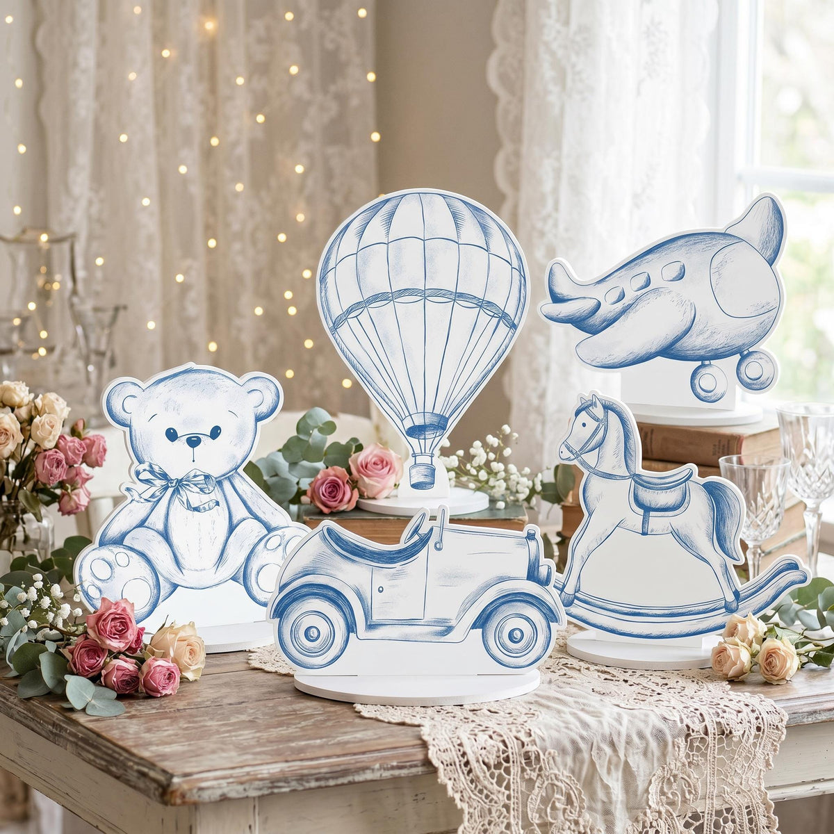 Blue Toile Teddy Bear Double-Sided Table Centerpieces Set 5, Vintage Toys, Chinoiserie Birthday, Baby Shower, Nursery Decor, Table Decor