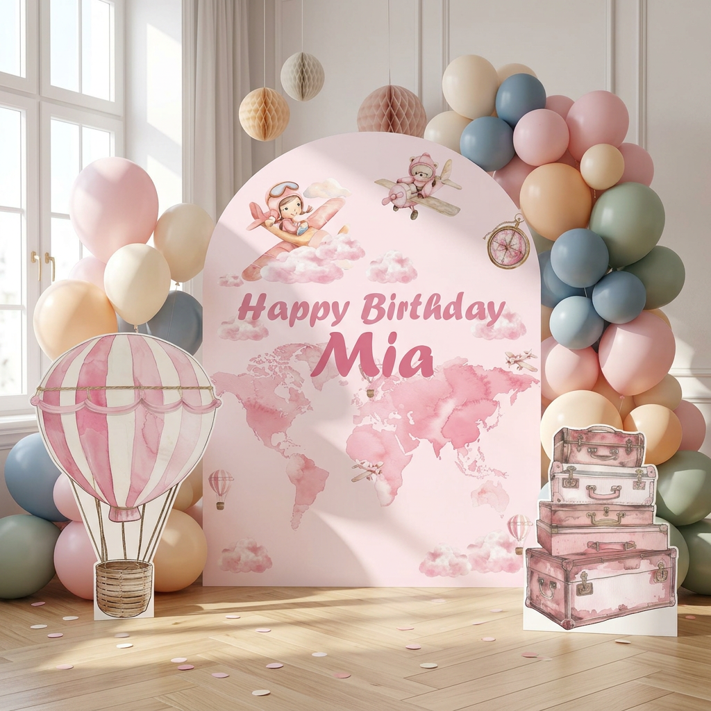 Pink Travel Birthday Backdrop Set - display 2