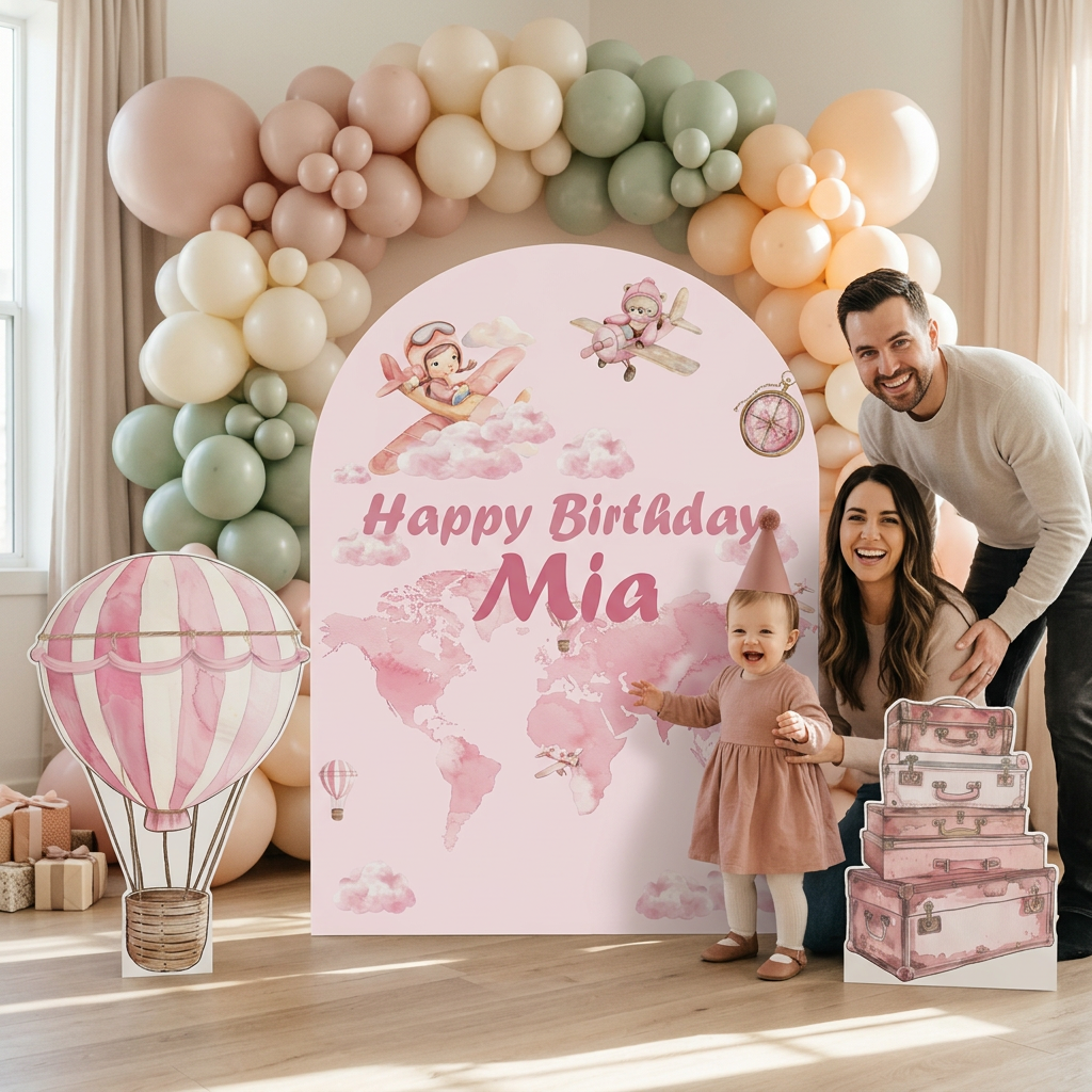 Pink Travel Birthday Backdrop Set - display 3