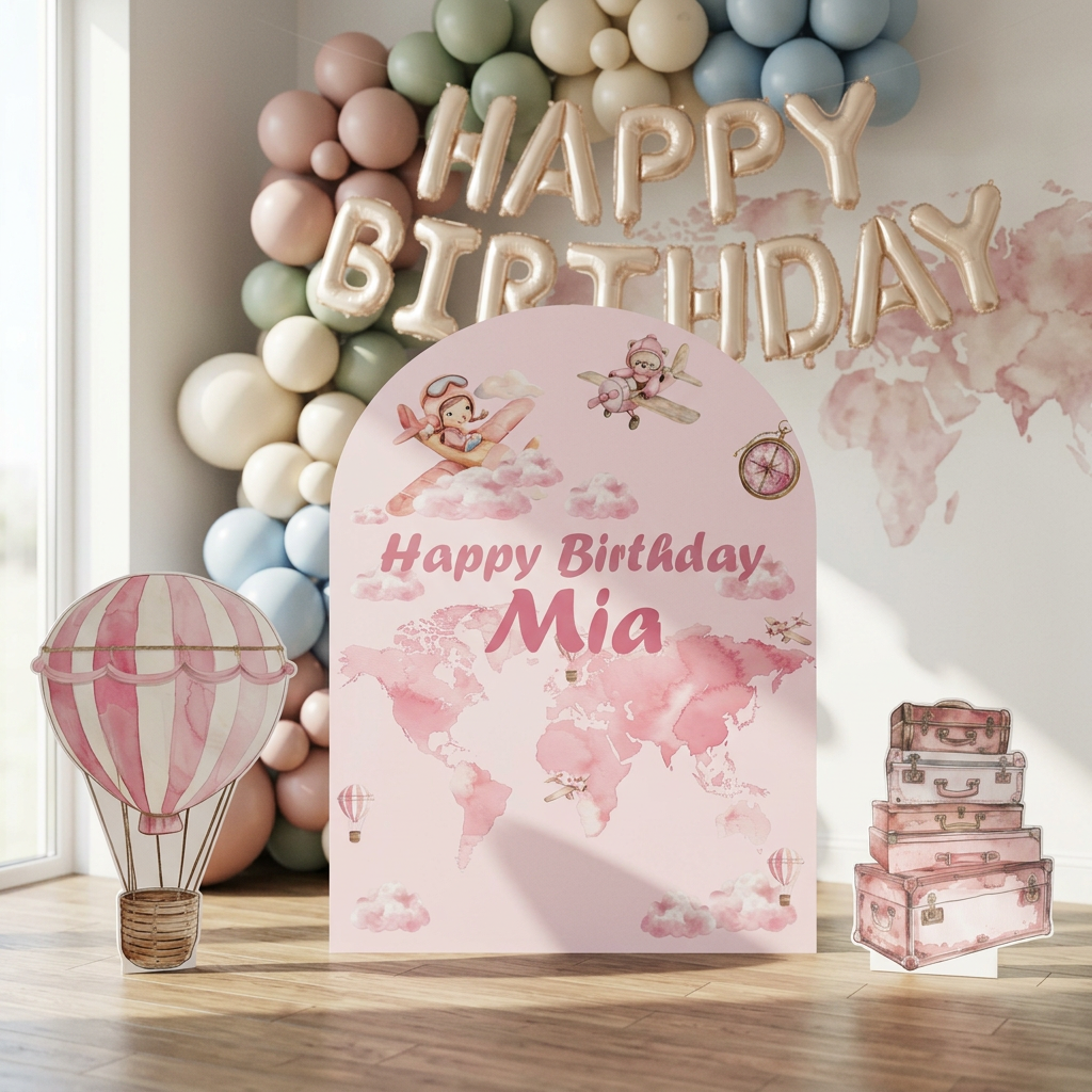 Pink Travel Birthday Backdrop Set - display 4