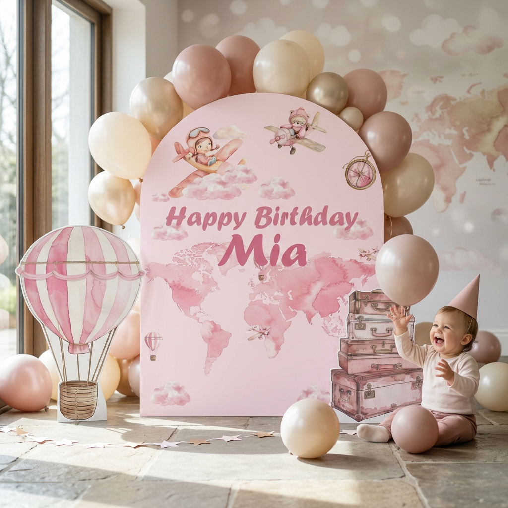 Pink Travel Birthday Backdrop Set - display 6