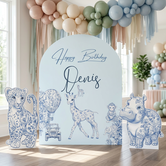 Blue Toile Safari Birthday Backdrop Set - display 1