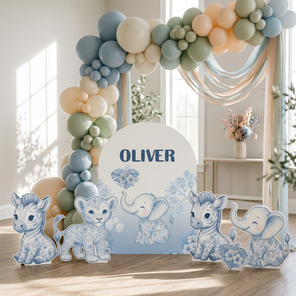 Blue Floral Safari Birthday Backdrop Set - display 1