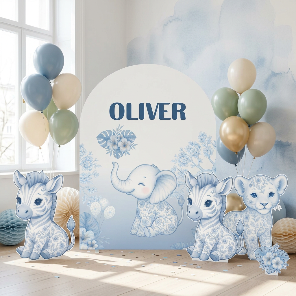 Blue Floral Safari Birthday Backdrop Set - display 2