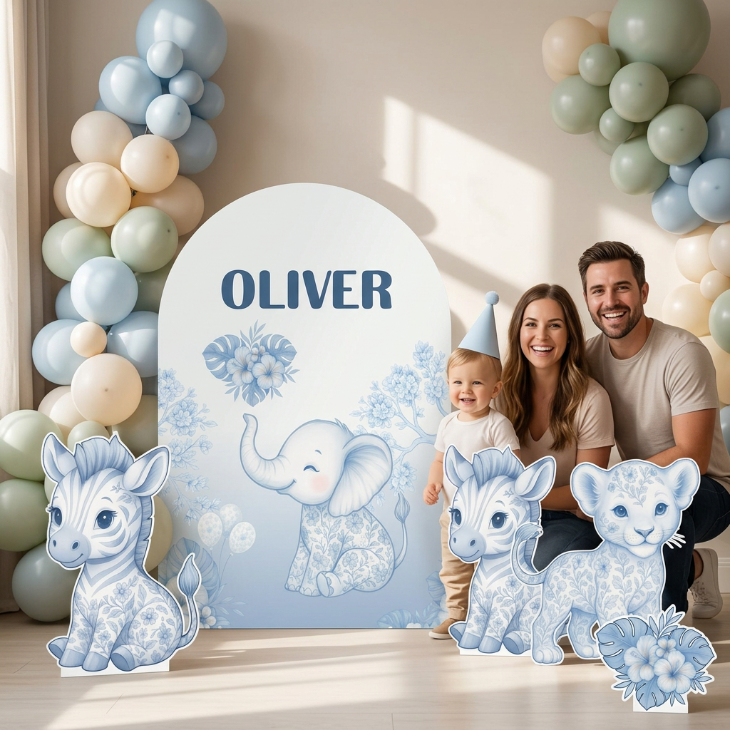 Blue Floral Safari Birthday Backdrop Set - display 3