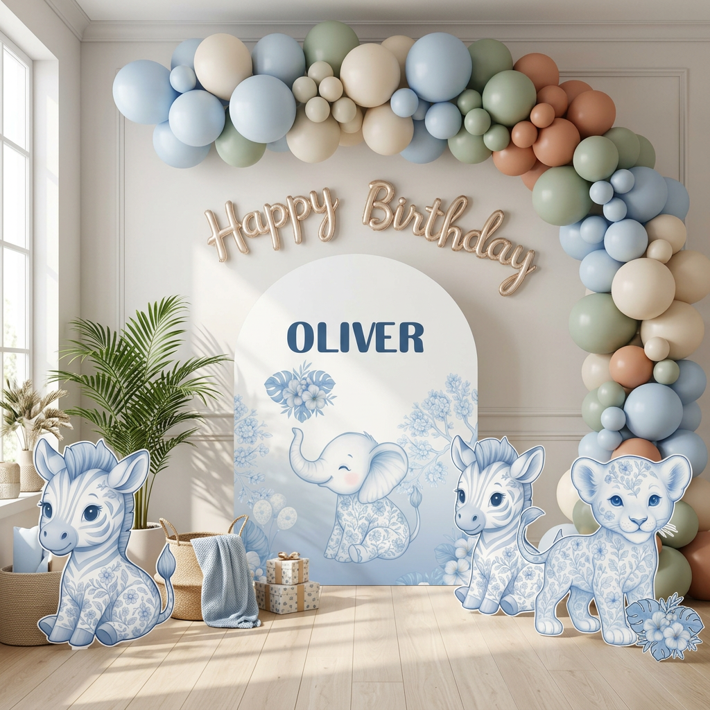Blue Floral Safari Birthday Backdrop Set - display 4