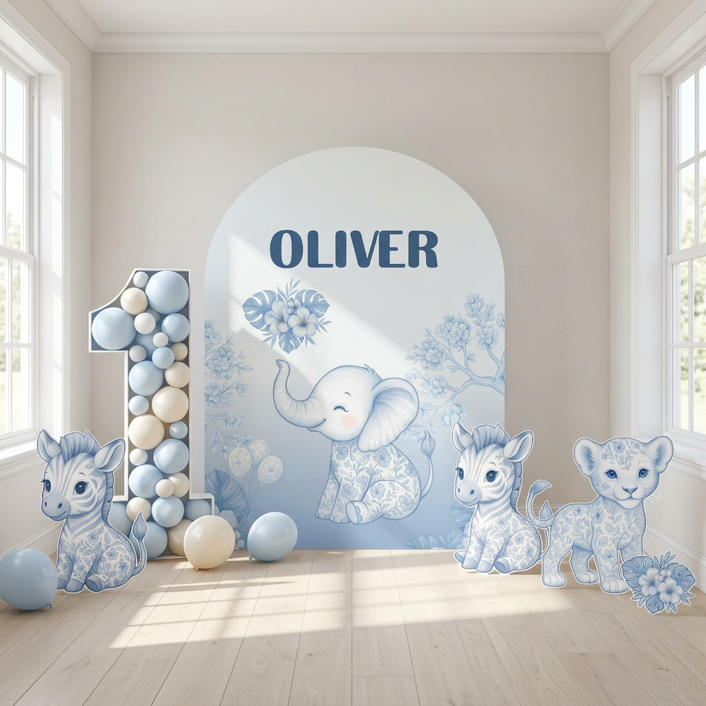 Blue Floral Safari Birthday Backdrop Set - display 5