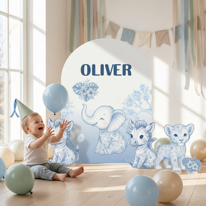 Blue Floral Safari Birthday Backdrop Set - display 6