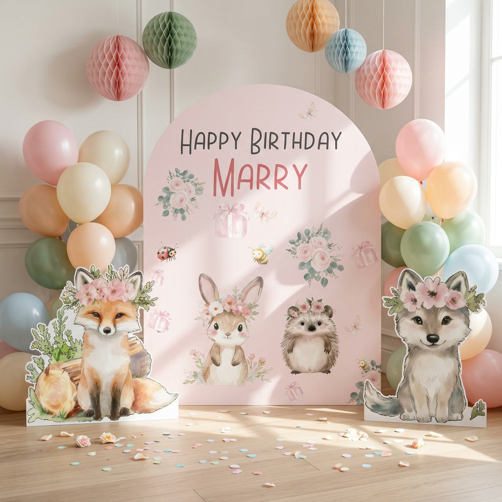 Fox and Wolf Woodland Birthday Backdrop Set - display 2