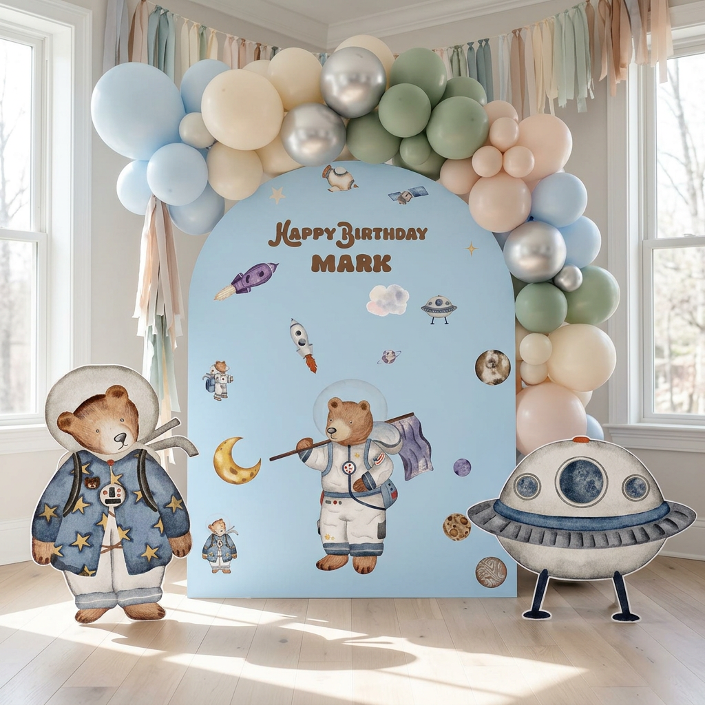Space Bear Birthday Backdrop Set - display 1