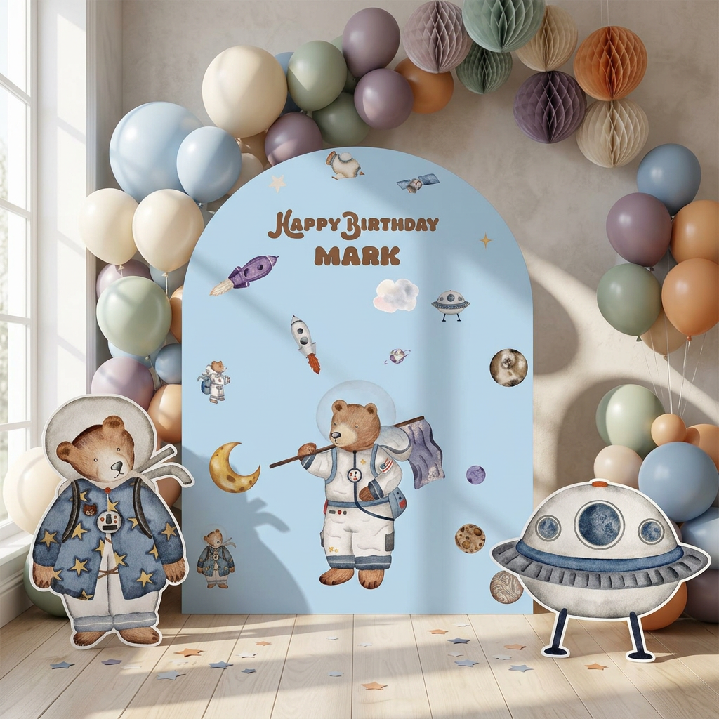 Space Bear Birthday Backdrop Set - display 2