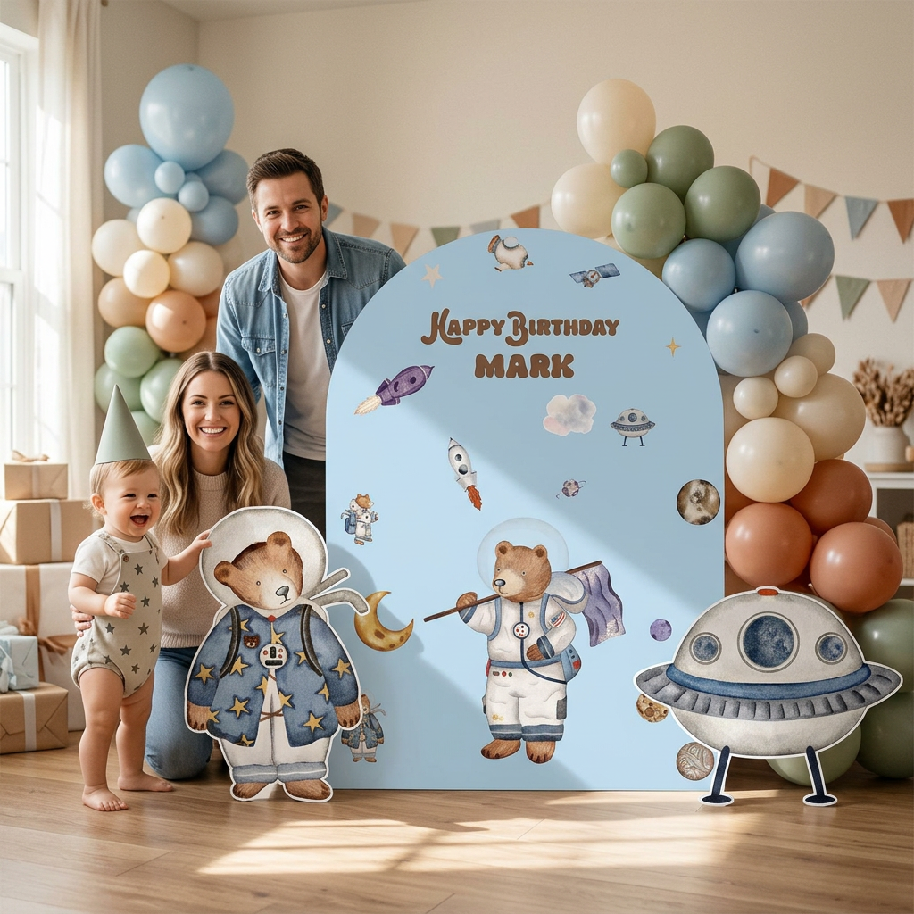 Space Bear Birthday Backdrop Set - display 3
