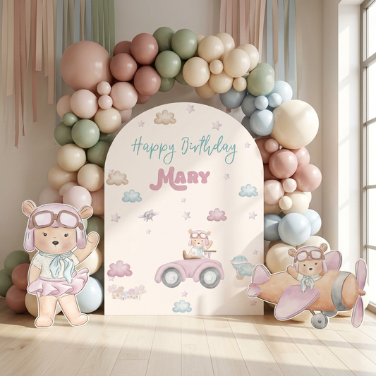 Pink Aviator Bear Birthday Backdrop Set - display 1