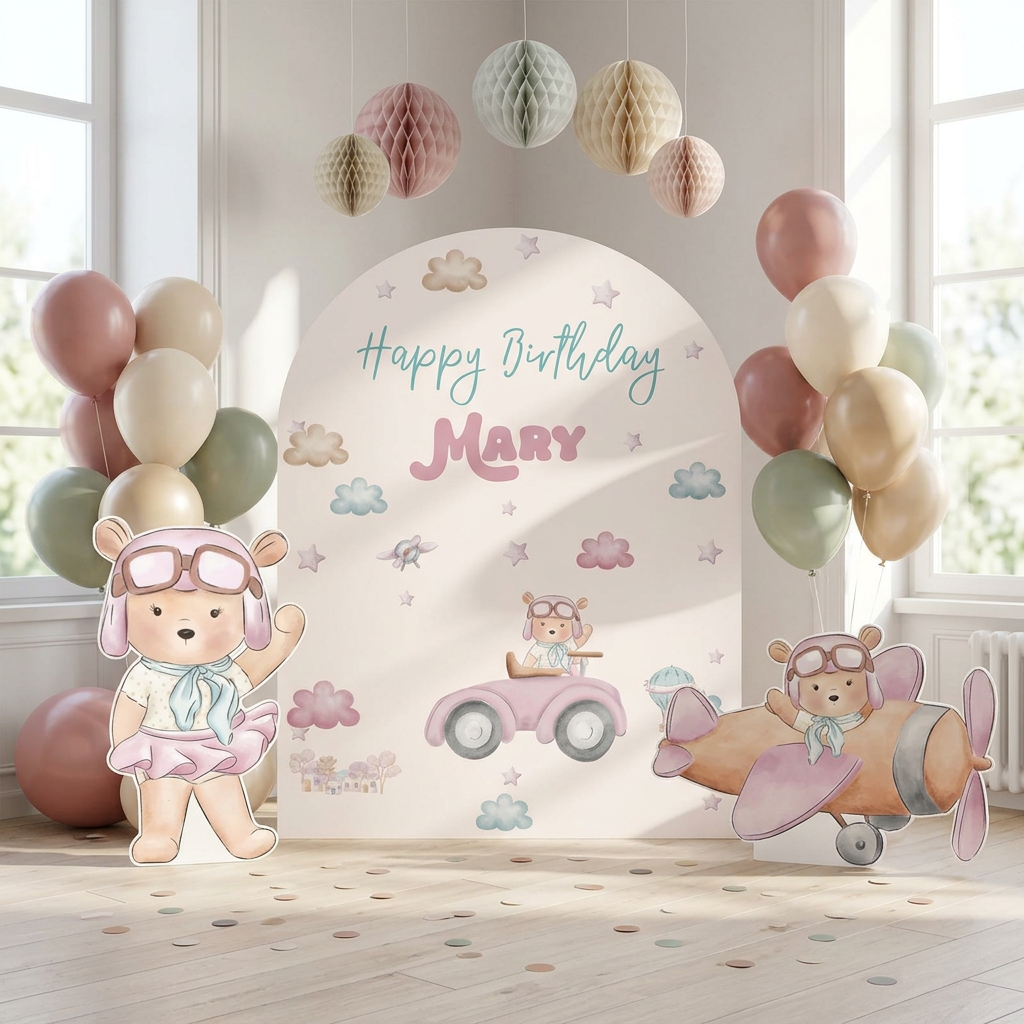 Pink Aviator Bear Birthday Backdrop Set - display 2