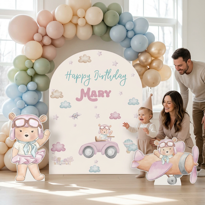 Pink Aviator Bear Birthday Backdrop Set - display 3