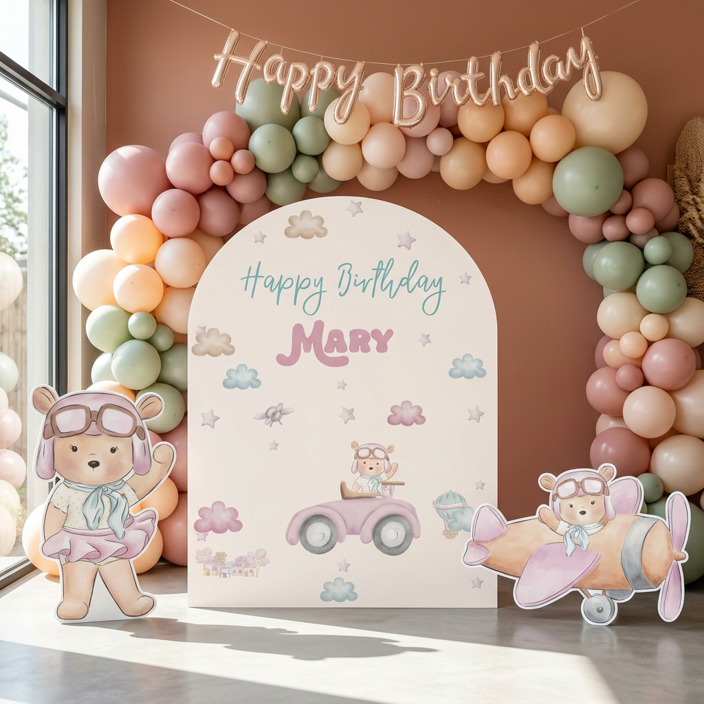 Pink Aviator Bear Birthday Backdrop Set - display 4