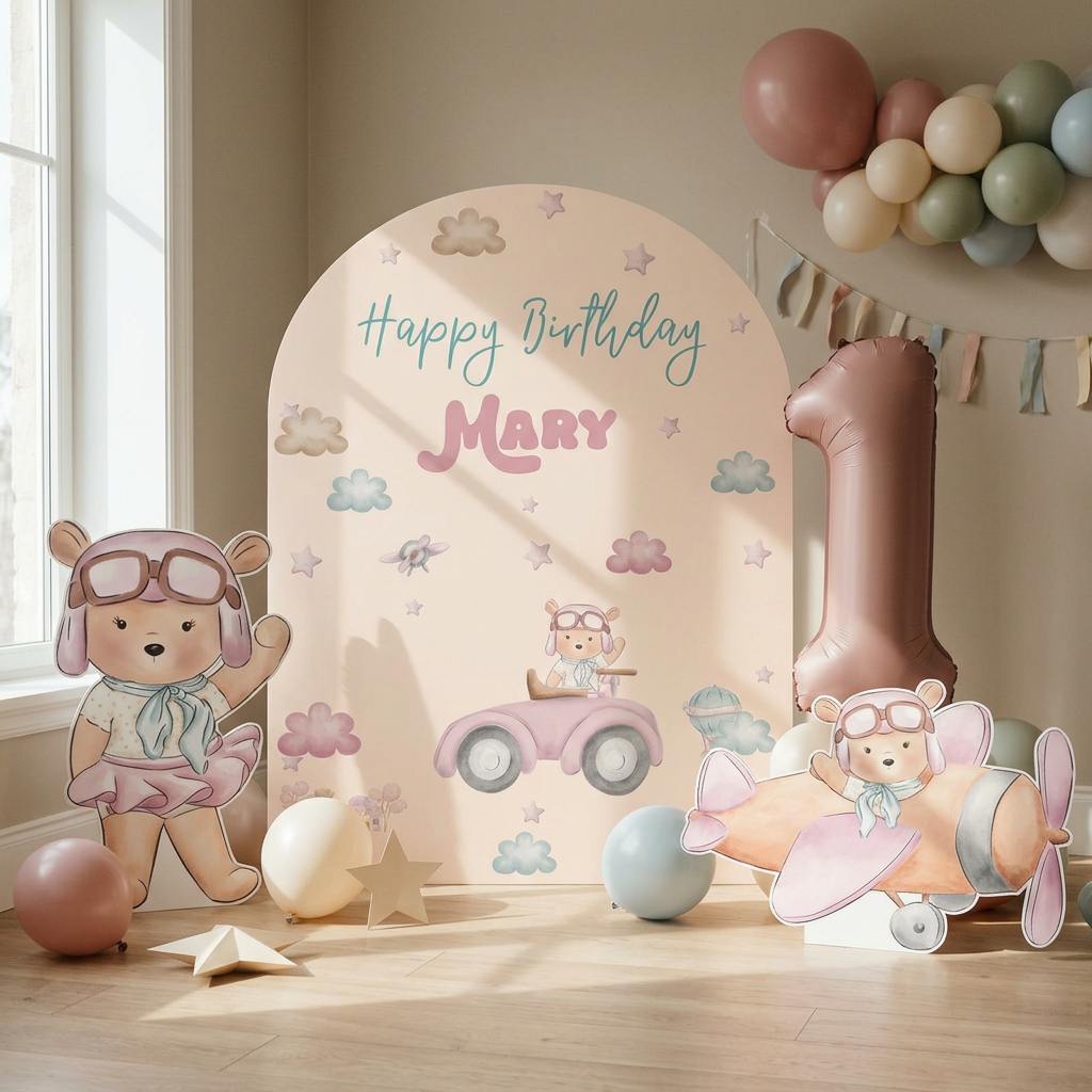 Pink Aviator Bear Birthday Backdrop Set - display 5