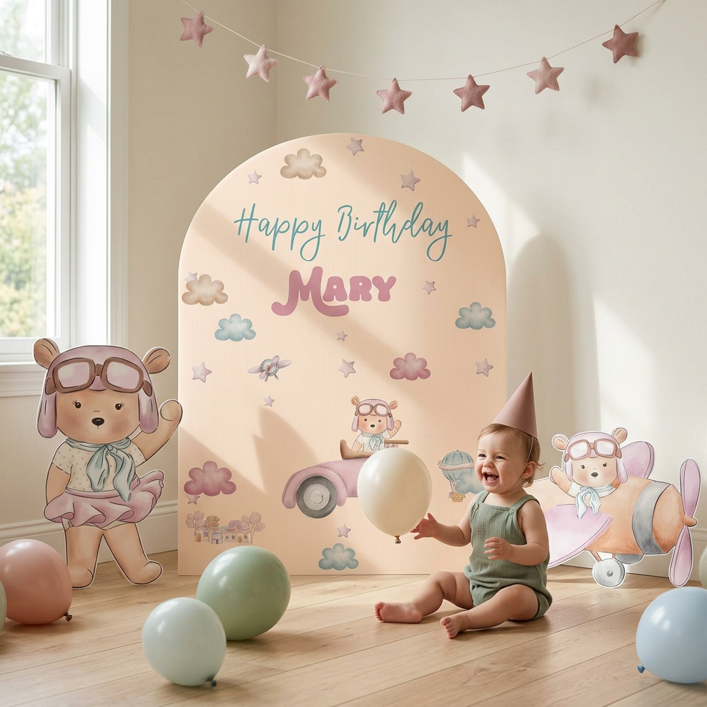 Pink Aviator Bear Birthday Backdrop Set - display 6