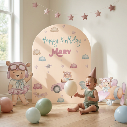 Pink Aviator Bear Birthday Backdrop Set - display 6