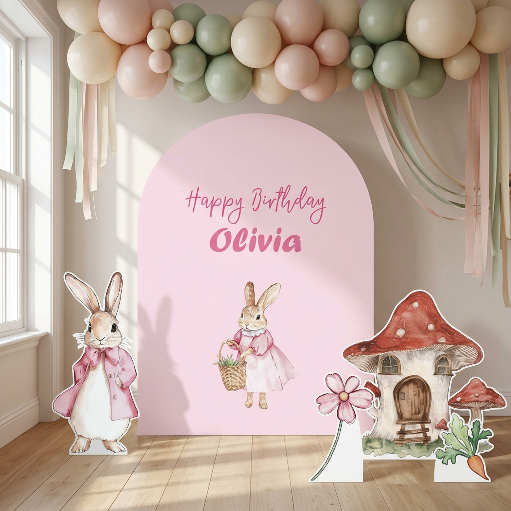 Pink Bunny Birthday Backdrop Set - display 1