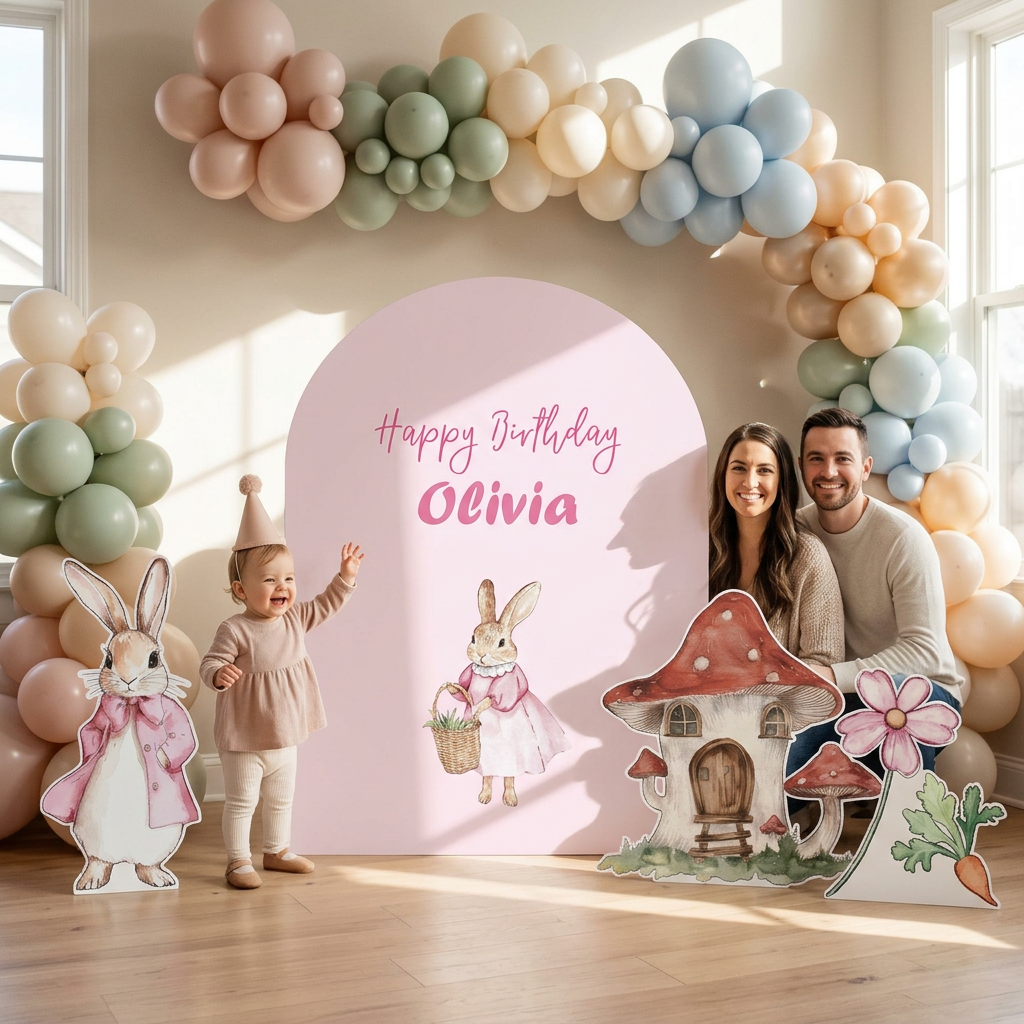 Pink Bunny Birthday Backdrop Set - display 3