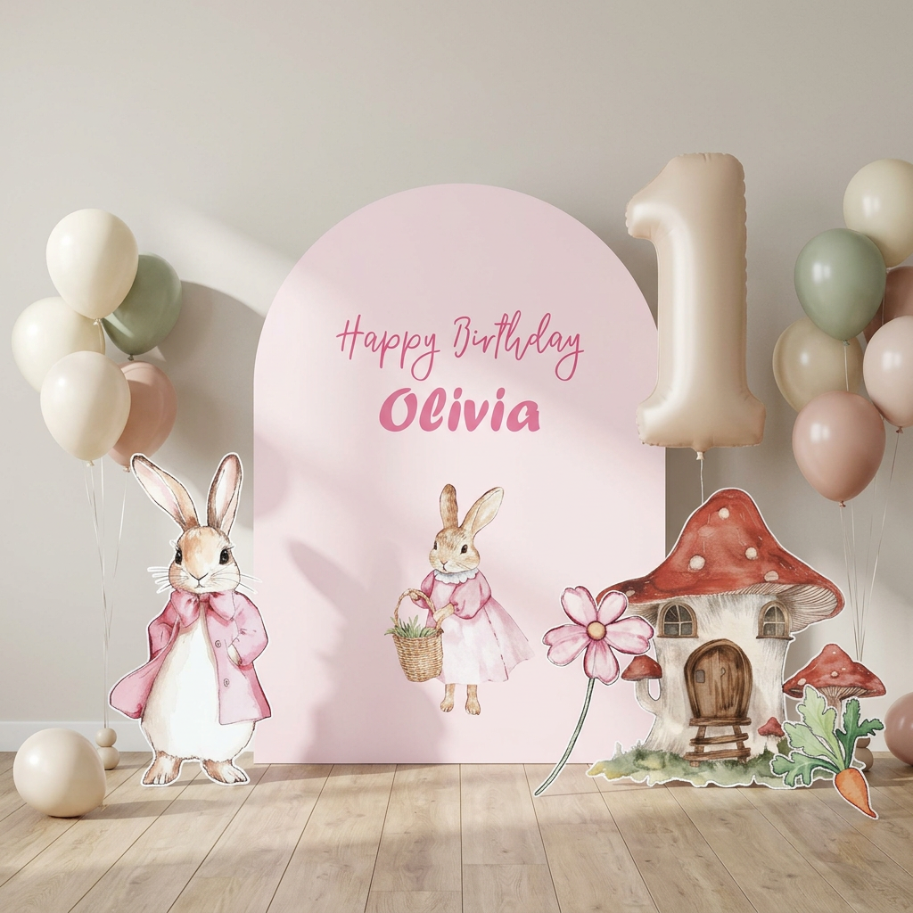 Pink Bunny Birthday Backdrop Set - display 5