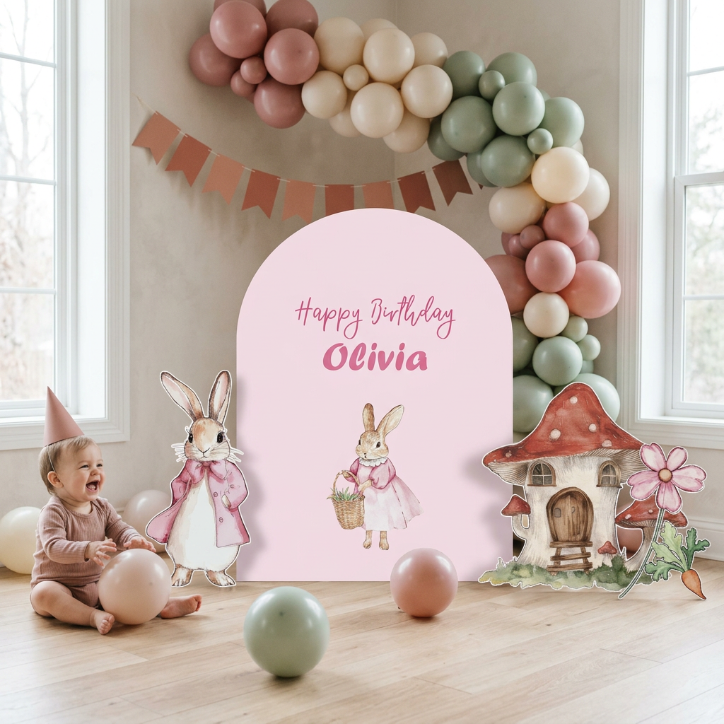 Pink Bunny Birthday Backdrop Set - display 6