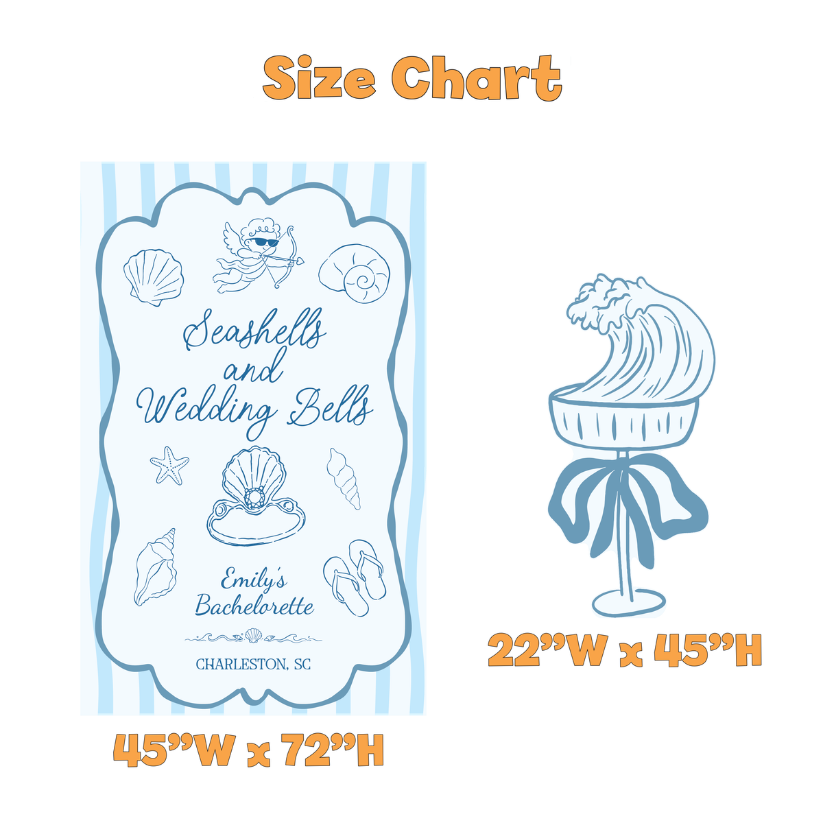 Seashells and Wedding Bells Bachelorette Backdrop Set - size chart