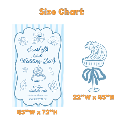 Seashells and Wedding Bells Bachelorette Backdrop Set - size chart
