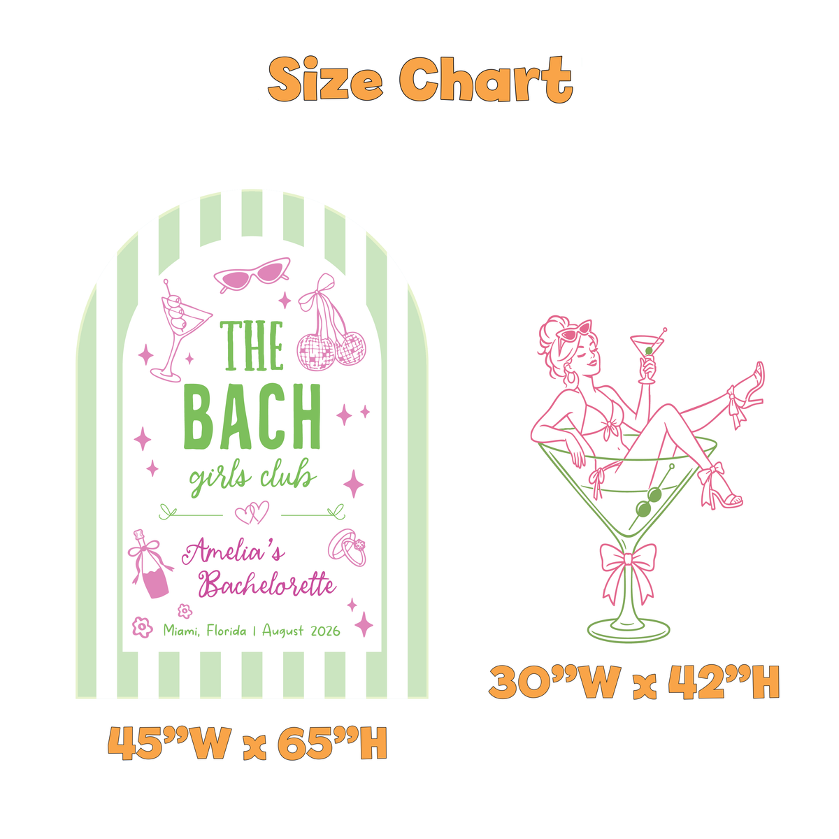 Bach Girls Club Bachelorette Party Backdrop Set - size chart
