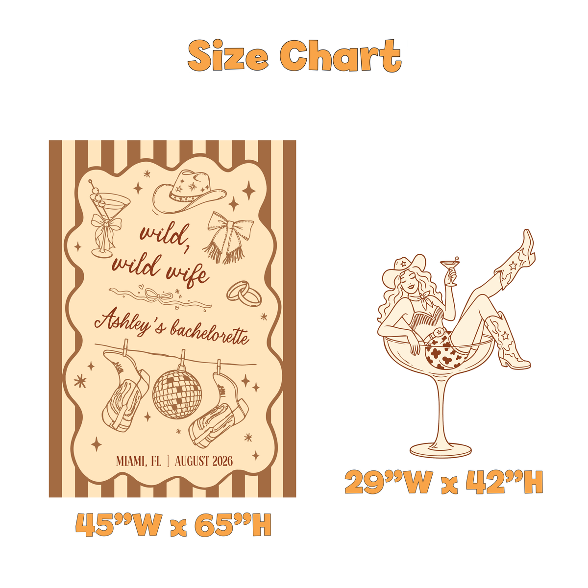 Wild Wild Wife Cowgirl Bachelorette Party Backdrop Set - size chart