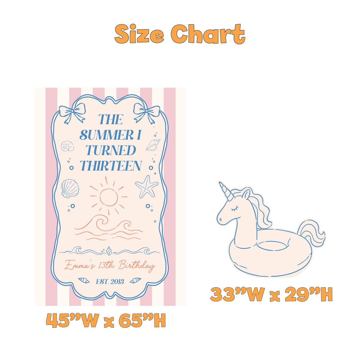 Summer I Turned Thirteen Birthday Party Set - size chart