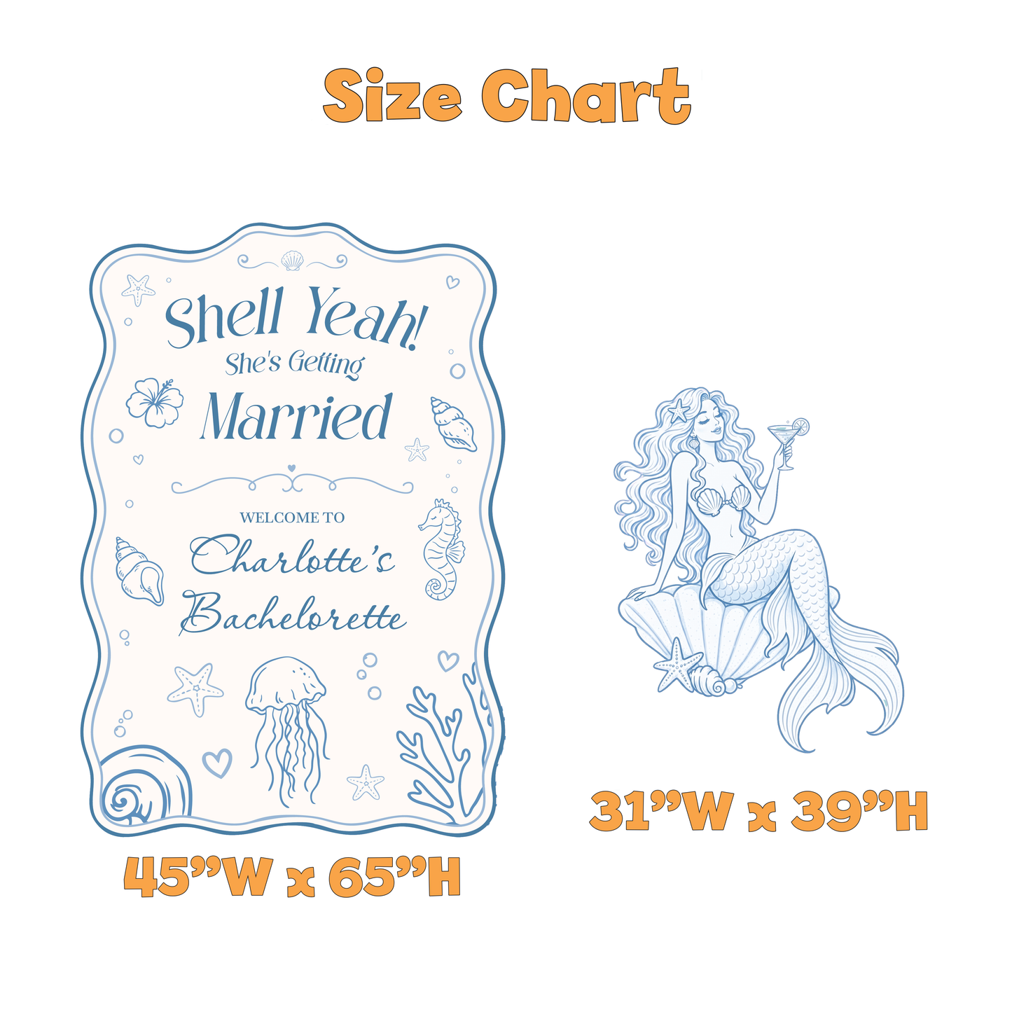 Shell Yeah Mermaid Bachelorette Party Sign Set - size chart