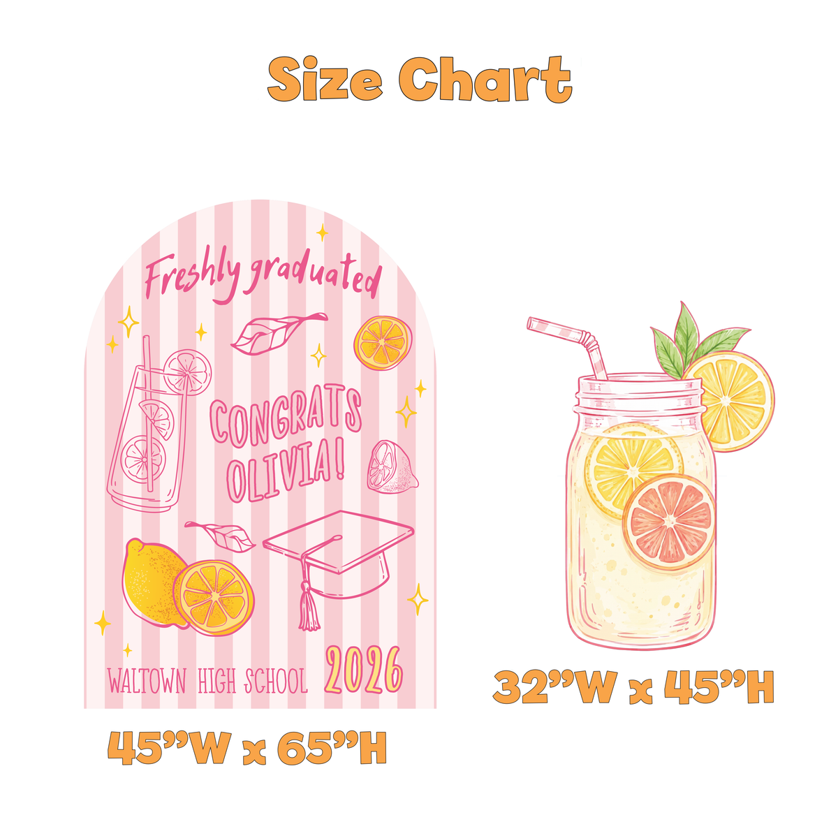 Freshly Graduated Lemonade Graduation Party Backdrop Set - size chart