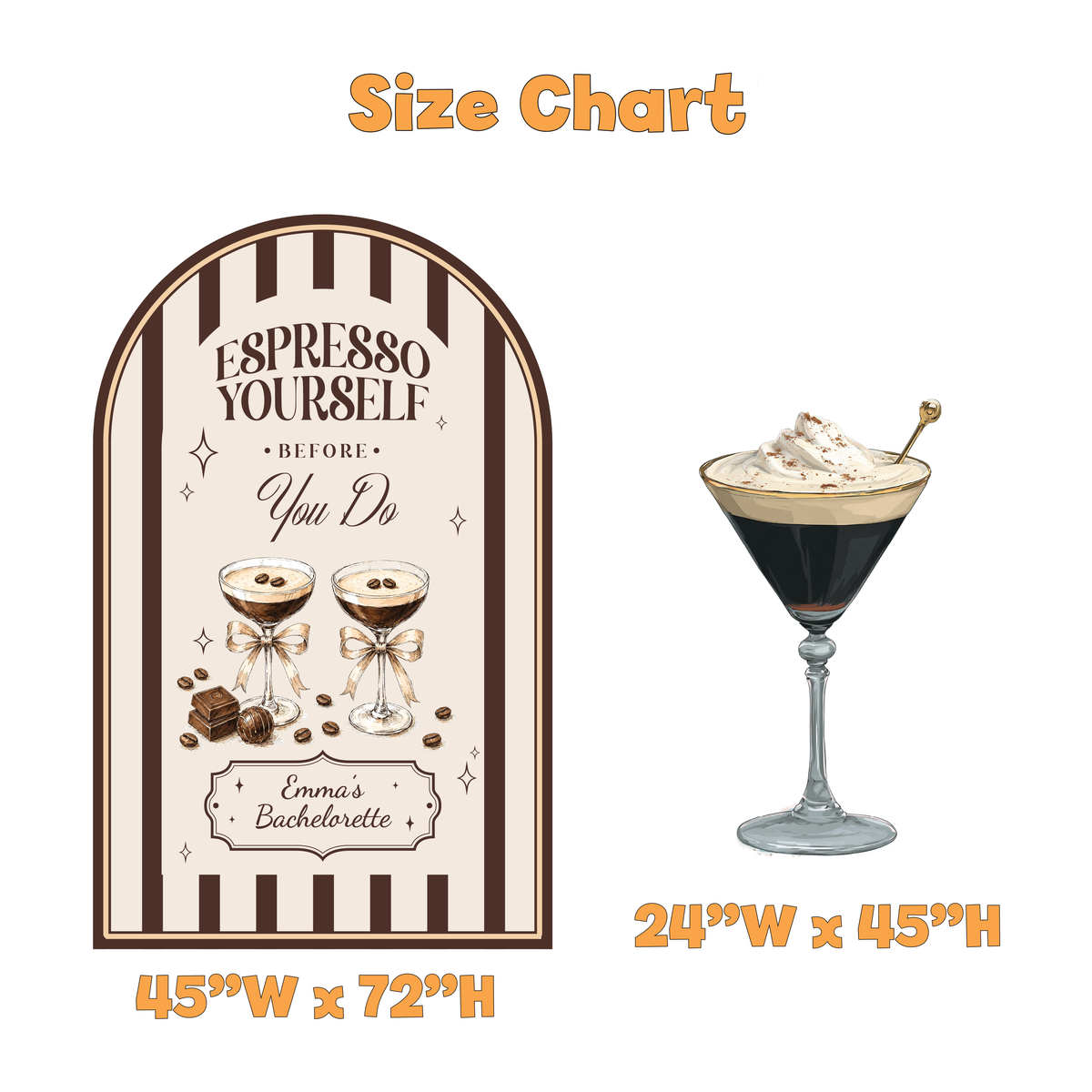 Espresso Yourself Bachelorette Party Backdrop Set - size chart