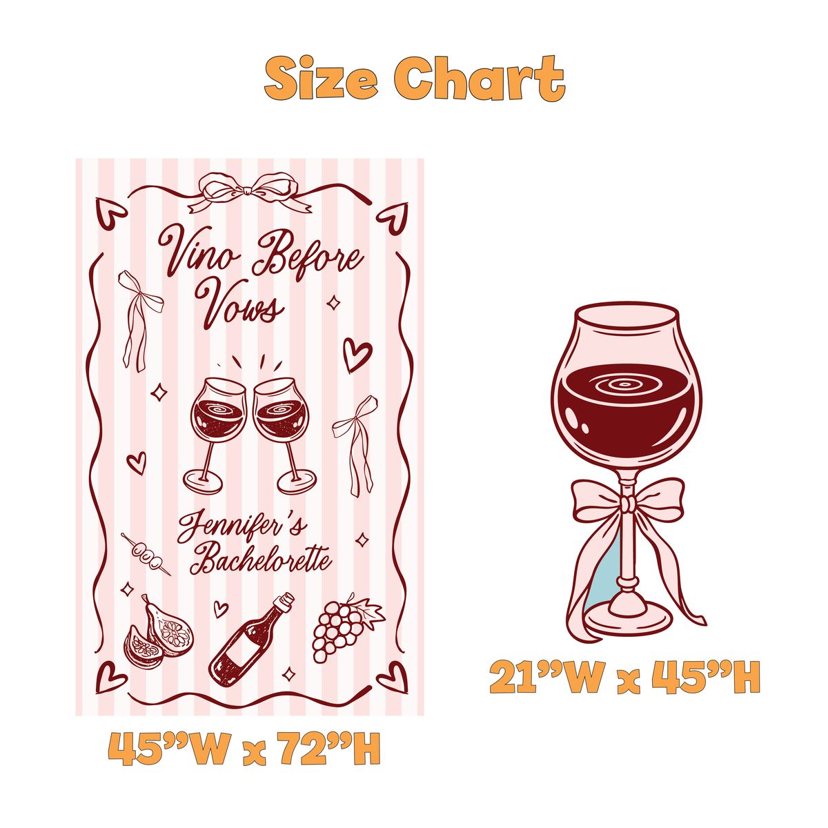 Vino Before Vows Bachelorette Party Backdrop Set - size chart