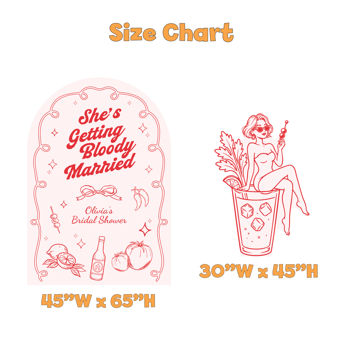 Bloody Married Bridal Shower Backdrop Set - size chart