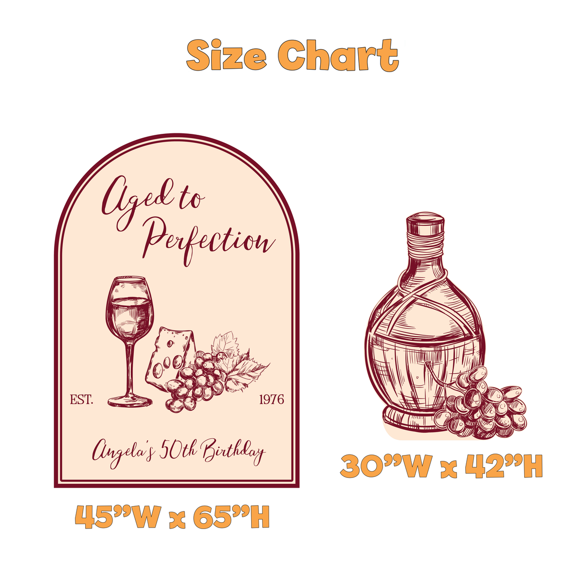 Aged to Perfection Wine Theme Birthday Party Set - size chart