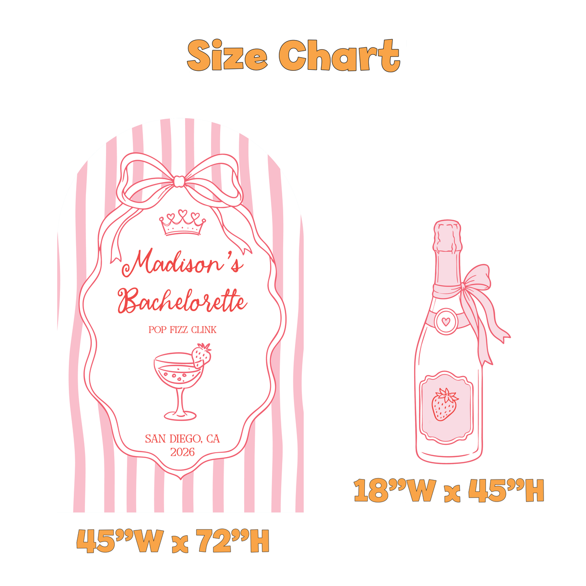 Pop Fizz Clink Bachelorette Party Backdrop Set - size chart
