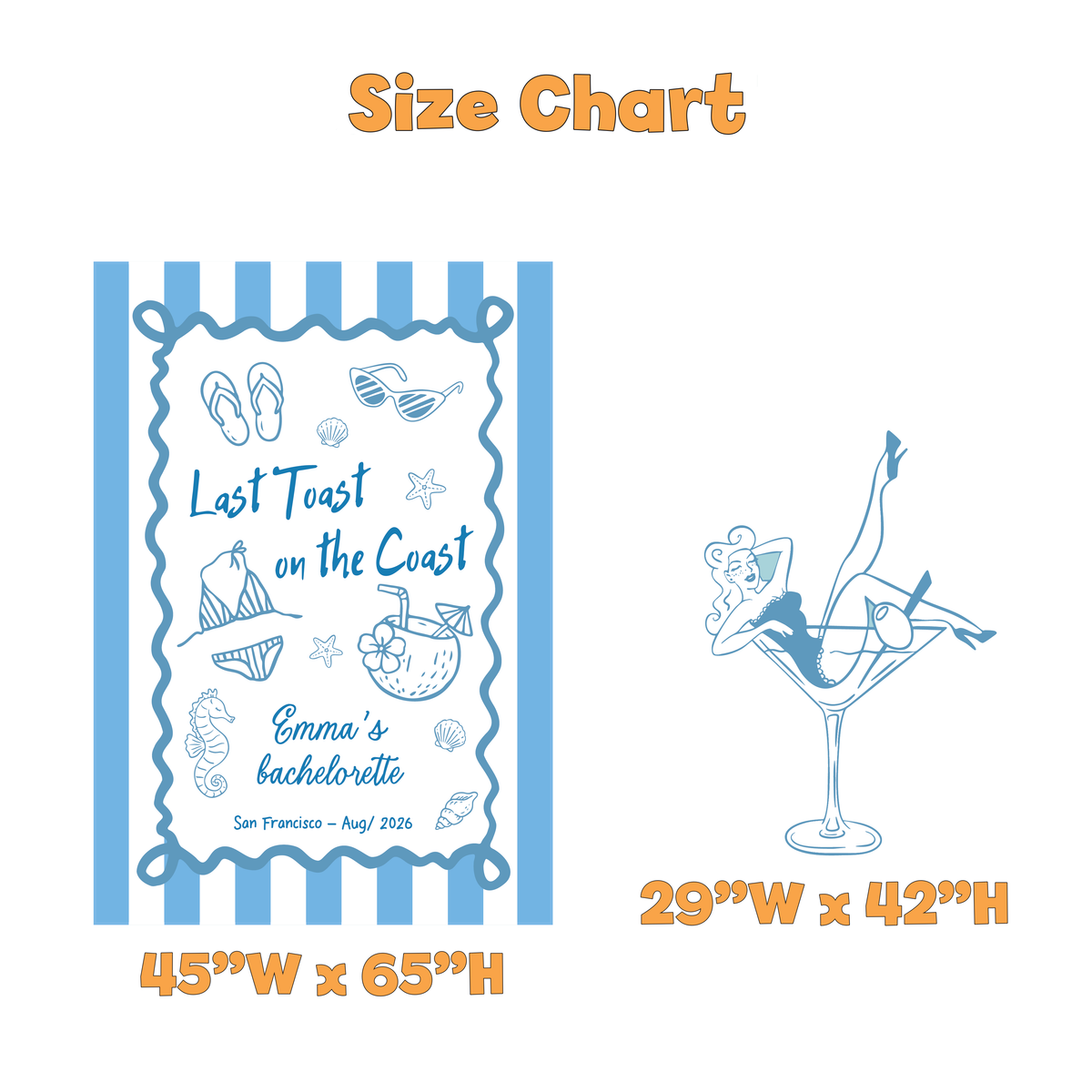 Last Toast on the Coast Bachelorette Backdrop Set - size chart