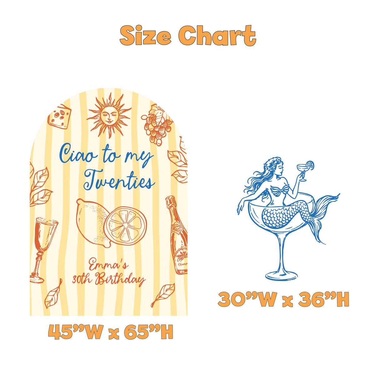 Ciao to My Twenties Birthday Party Backdrop Set - size chart