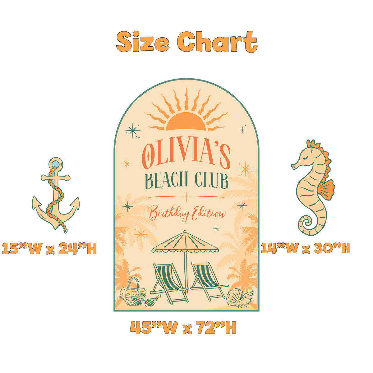 Beach Club Birthday Party Arch Sign Set - size chart