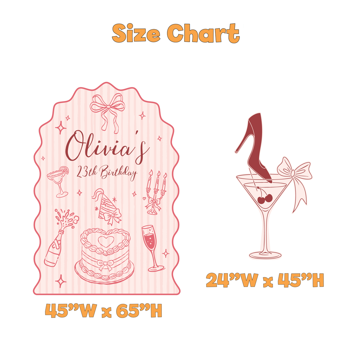 Coquette Birthday Party Backdrop Set with Martini Cutout - size chart
