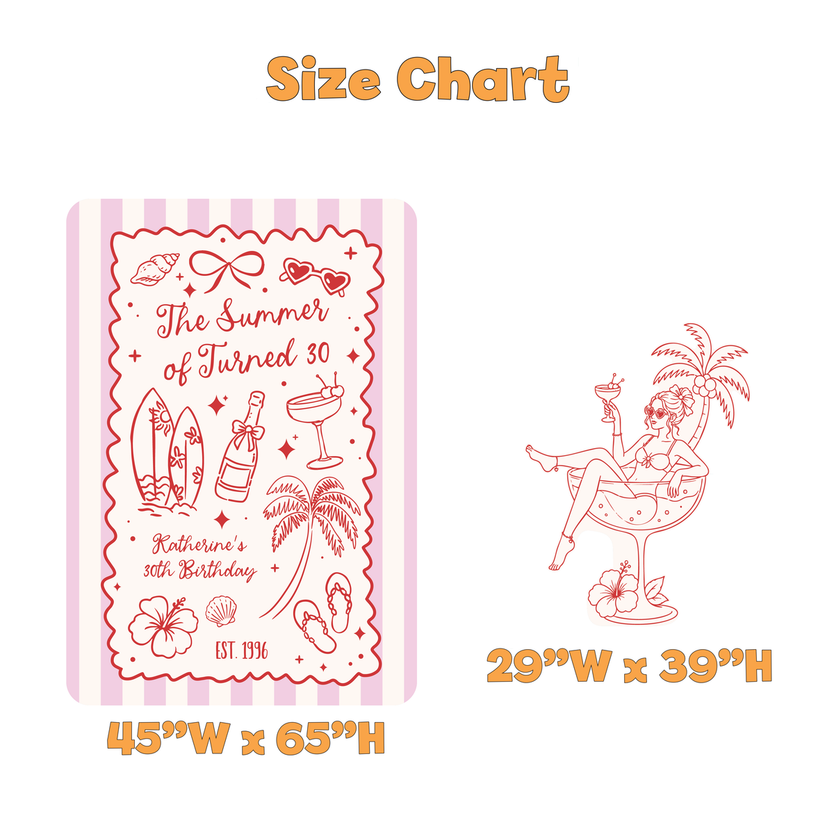 The Summer I Turned 30 Birthday Backdrop Set - size chart