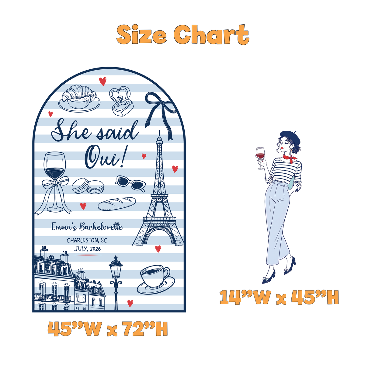 She Said Oui Paris Bachelorette Party Backdrop Set - size chart