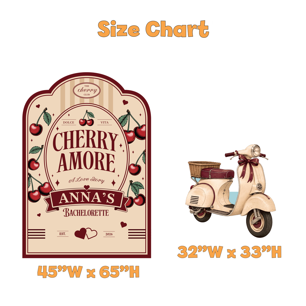 Cherry Amore Bachelorette Party Backdrop Set - size chart
