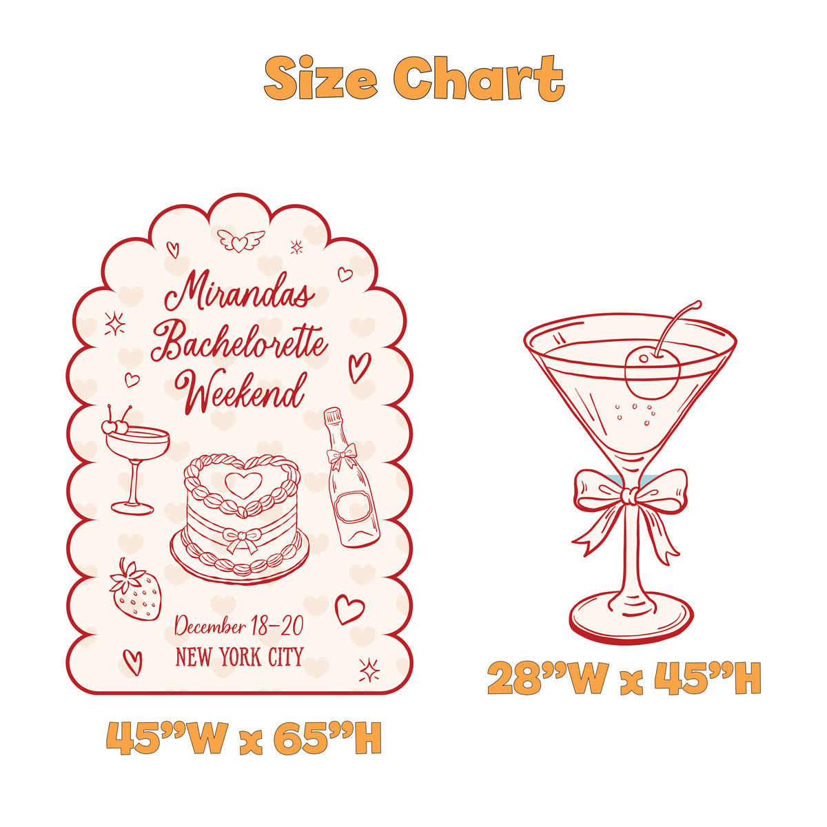 Coquette Bachelorette Weekend Party Backdrop Set - size chart